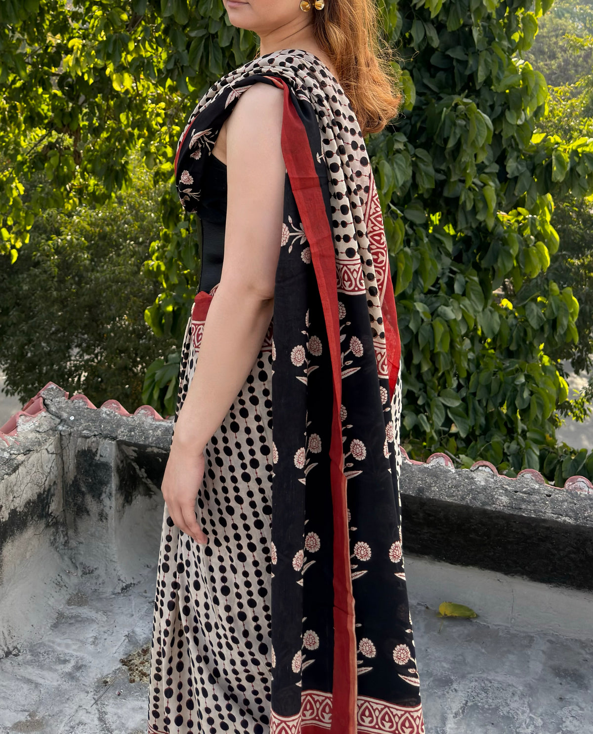 Bagru handblock printed pure cotton Mulmul Saree with blouse piece