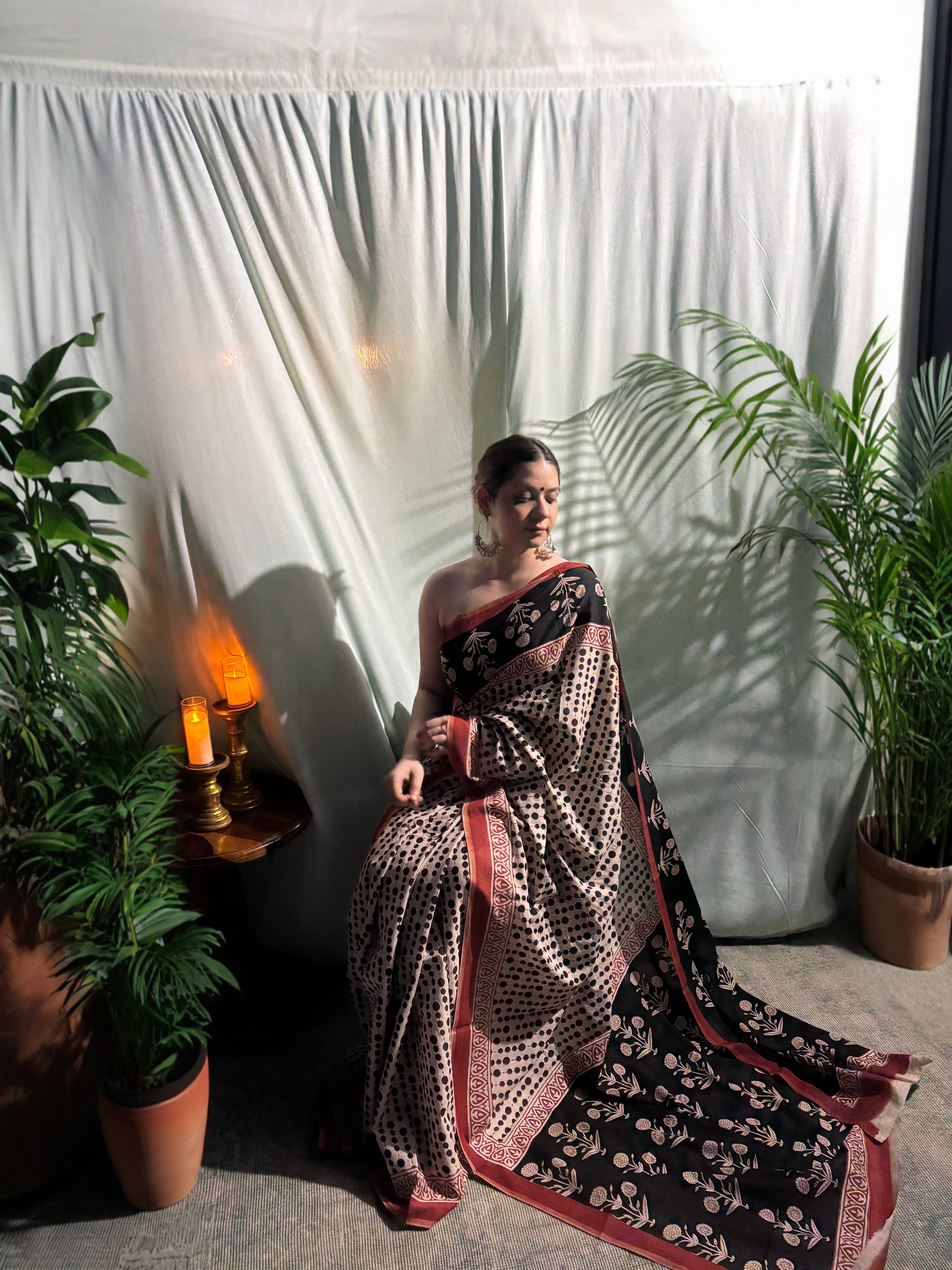 Bagru handblock printed pure cotton Mulmul Saree with blouse piece