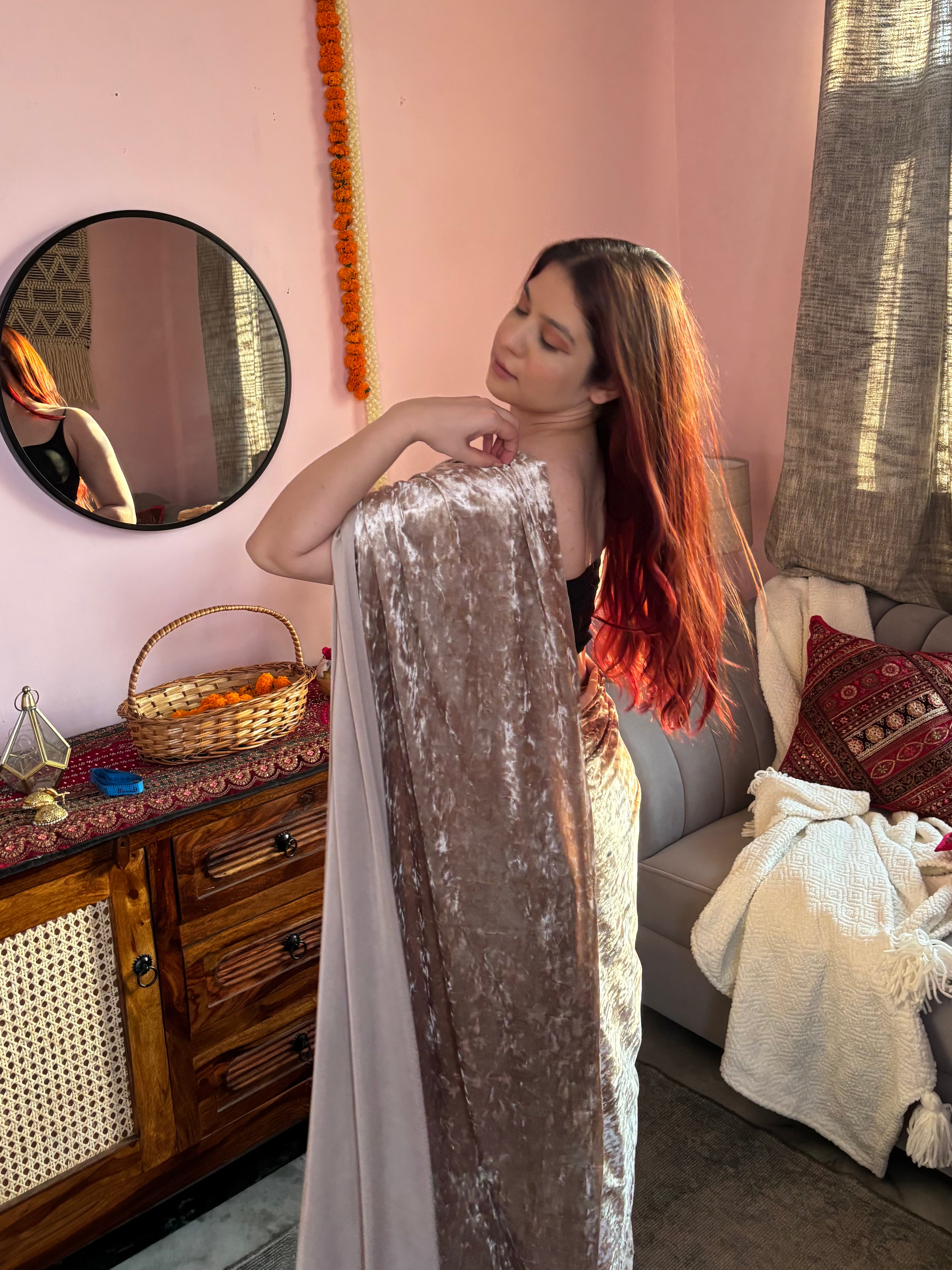 Velvet Mist saree- Stitched Saree with Unstitched Blouse