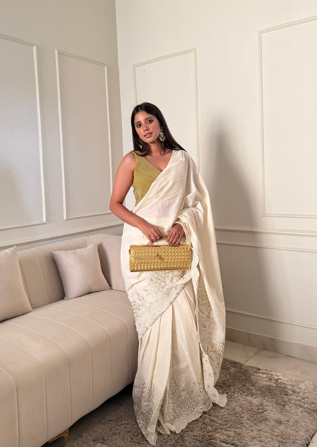 Kora Cotton Embroidered Stitched Saree with Unstitched Blouse