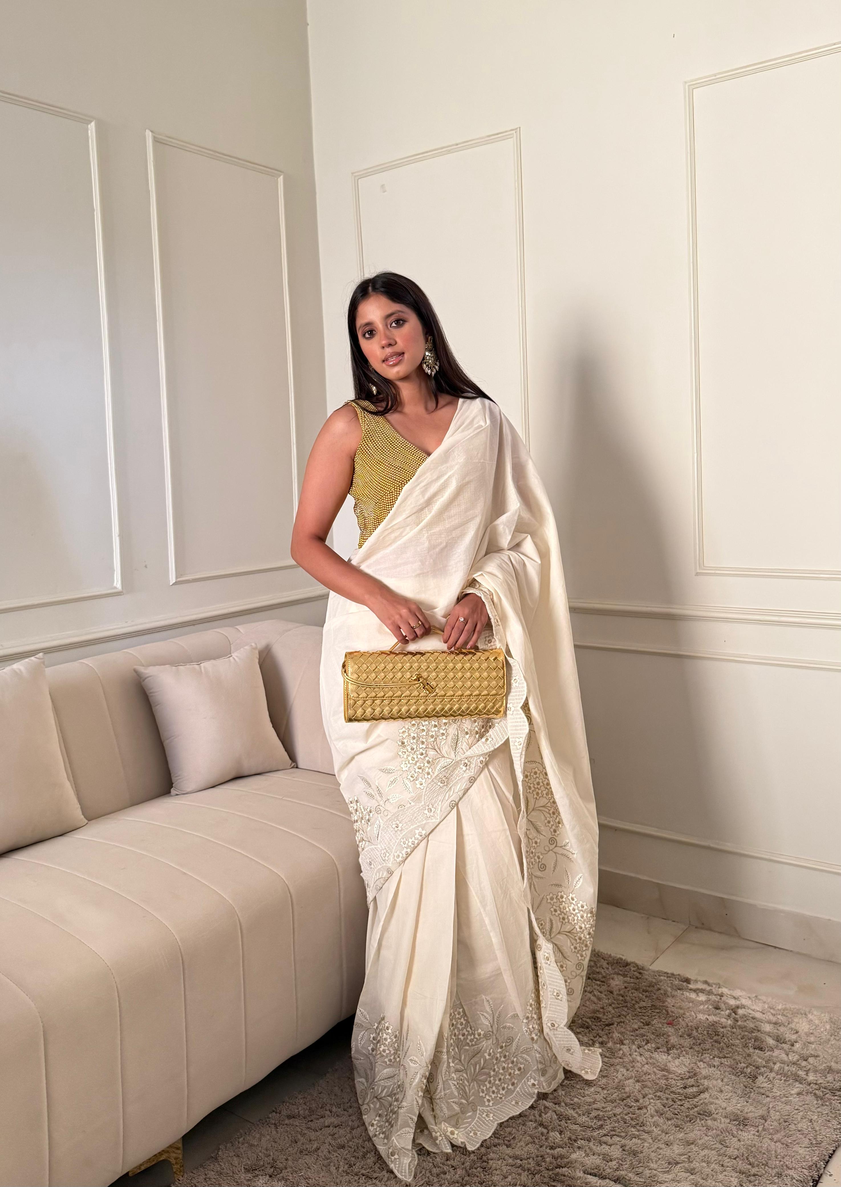 Kora Cotton Embroidered Stitched Saree with Unstitched Blouse