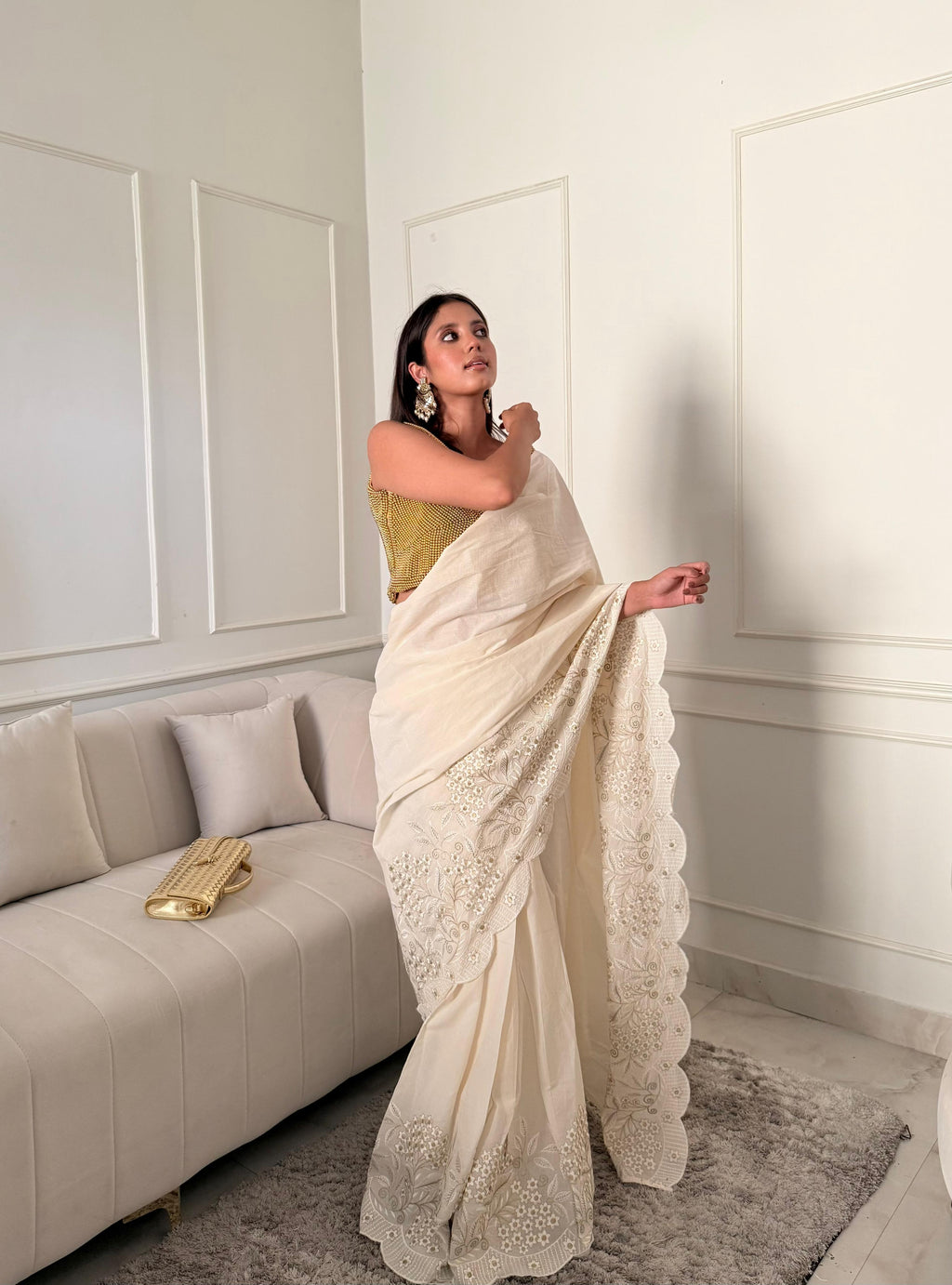 Kora Cotton Embroidered Stitched Saree with Unstitched Blouse