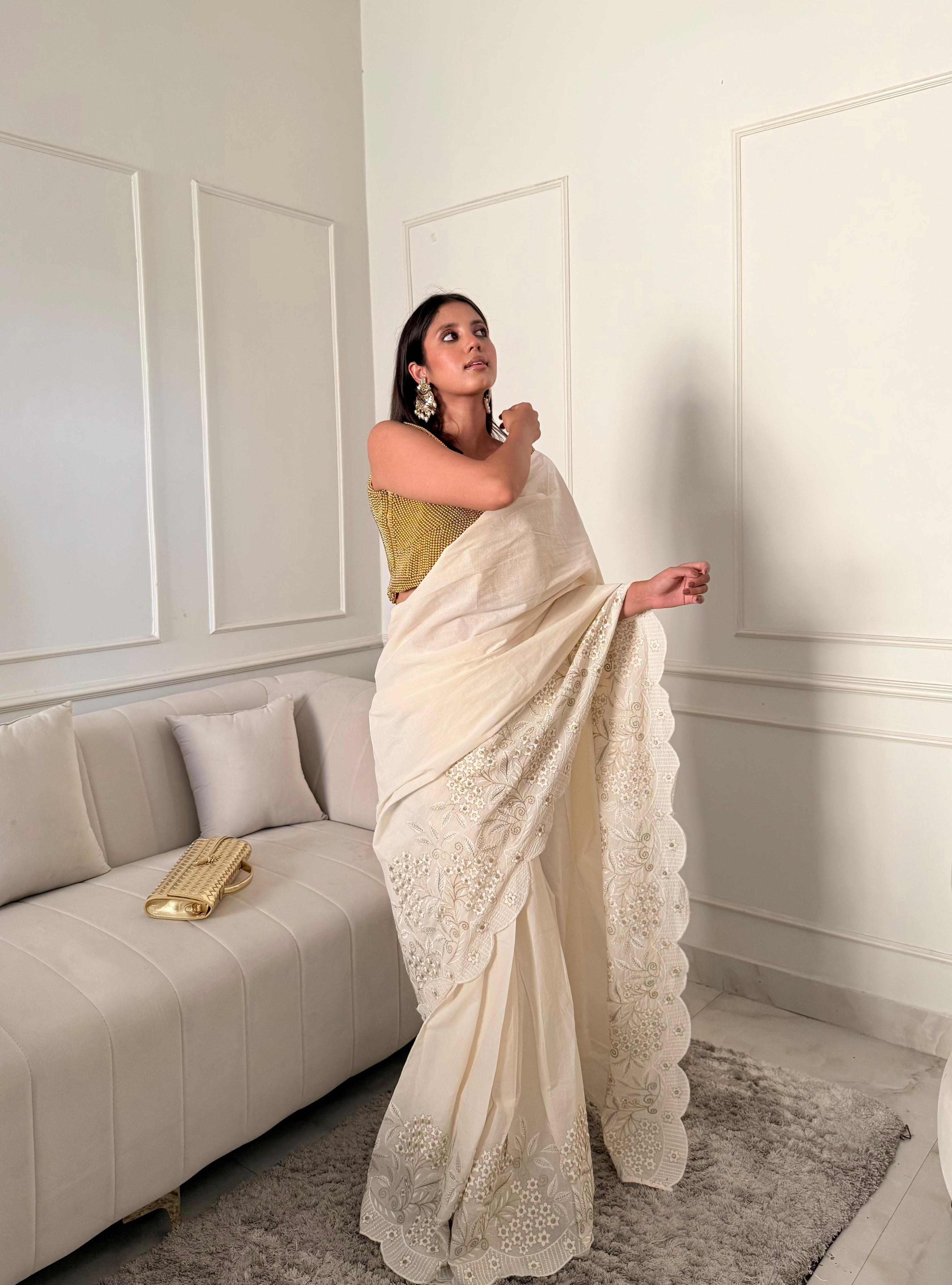 Kora Cotton Embroidered Stitched Saree with Unstitched Blouse