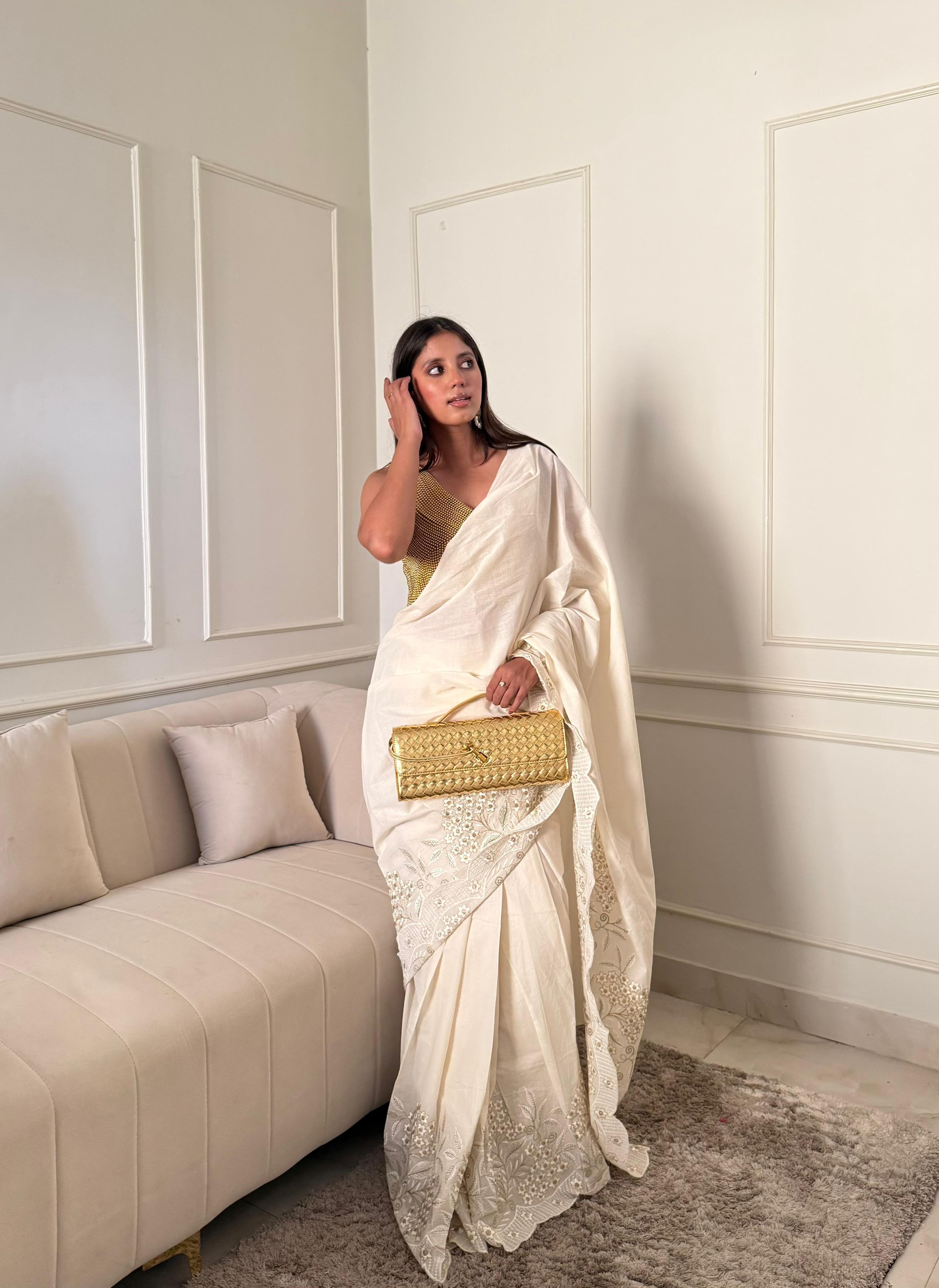 Kora Cotton Embroidered Stitched Saree with Unstitched Blouse