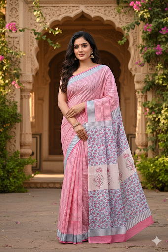 pink cotton mulmul saree 1